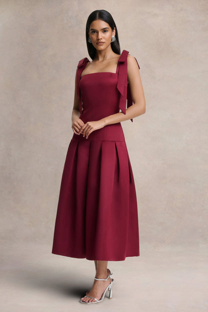 Alberta | Burgundy Satin Square-Neck Midi Dress With Bow Straps