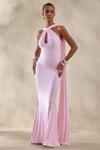 Rhoda | Light Pink Twist Halter-Neck Cape Maxi Dress