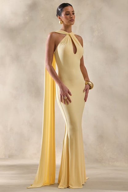 Rhoda | Lemon Twist Halter-Neck Cape Maxi Dress