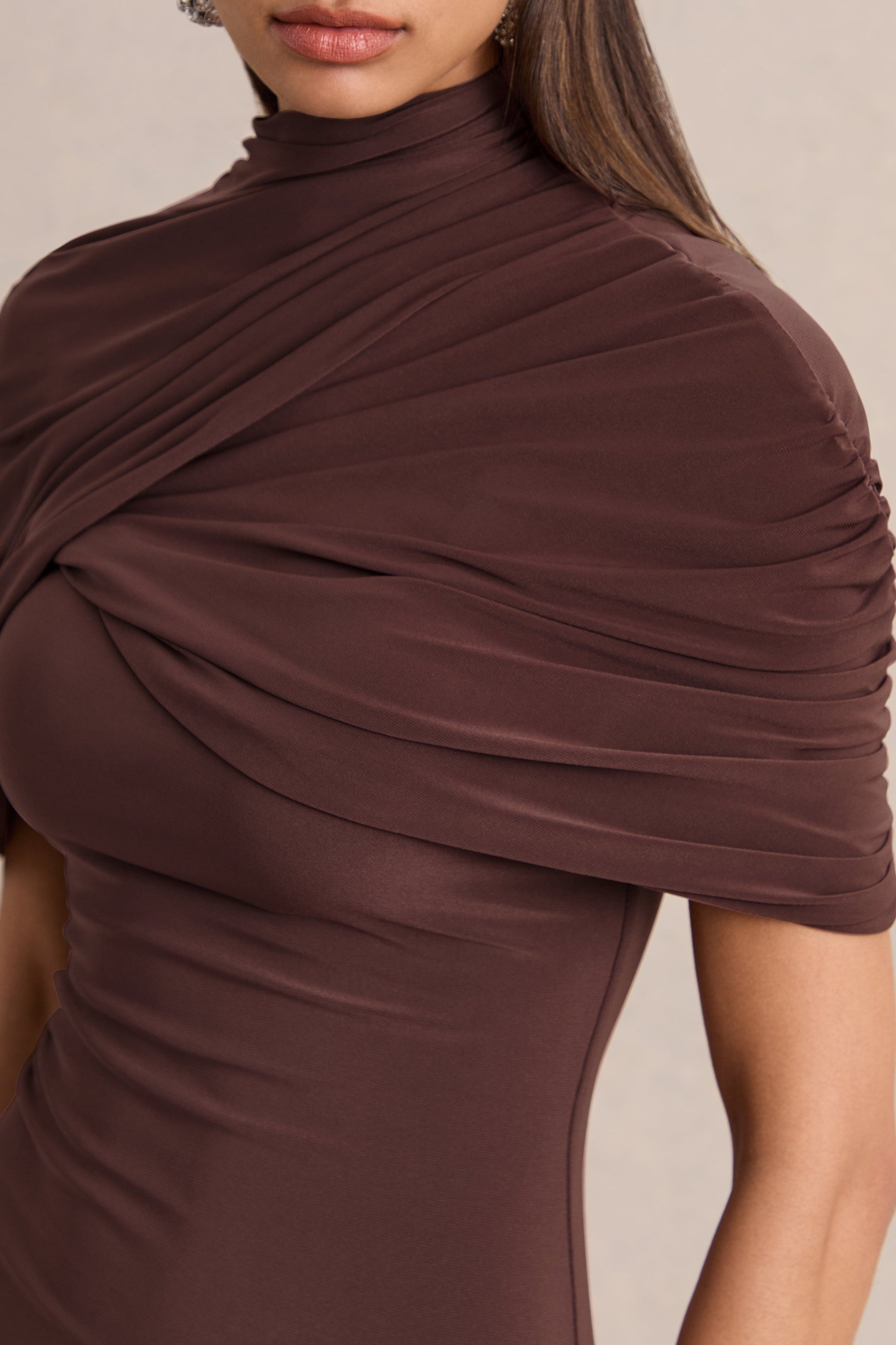 Perdi | Brown Bodycon Mini Dress With Twisted Cape