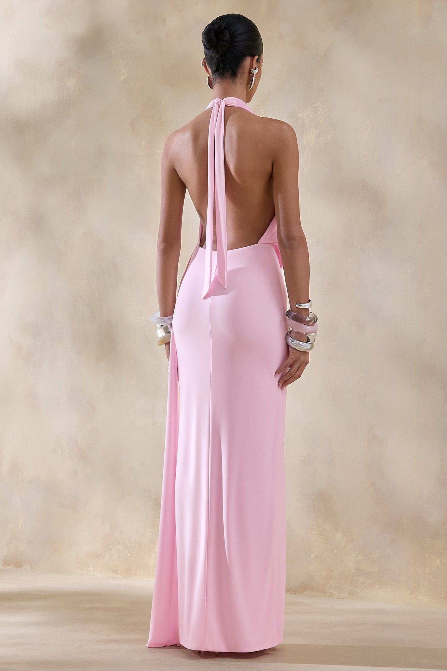 Rosina | Pink Halter-Neck Draped Maxi Dress With Sash