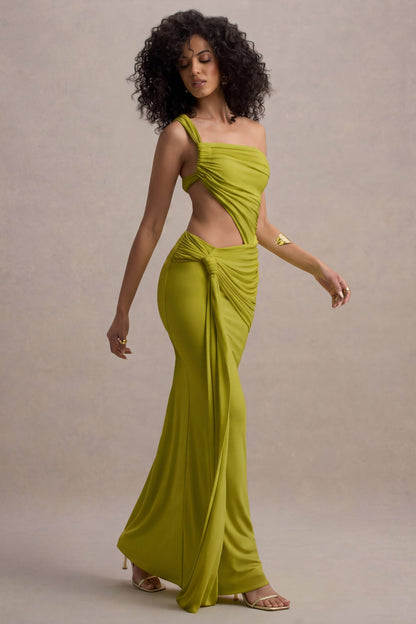 Giovanna | Olive Asymmetric Maxi Dress With Wrap Skirt
