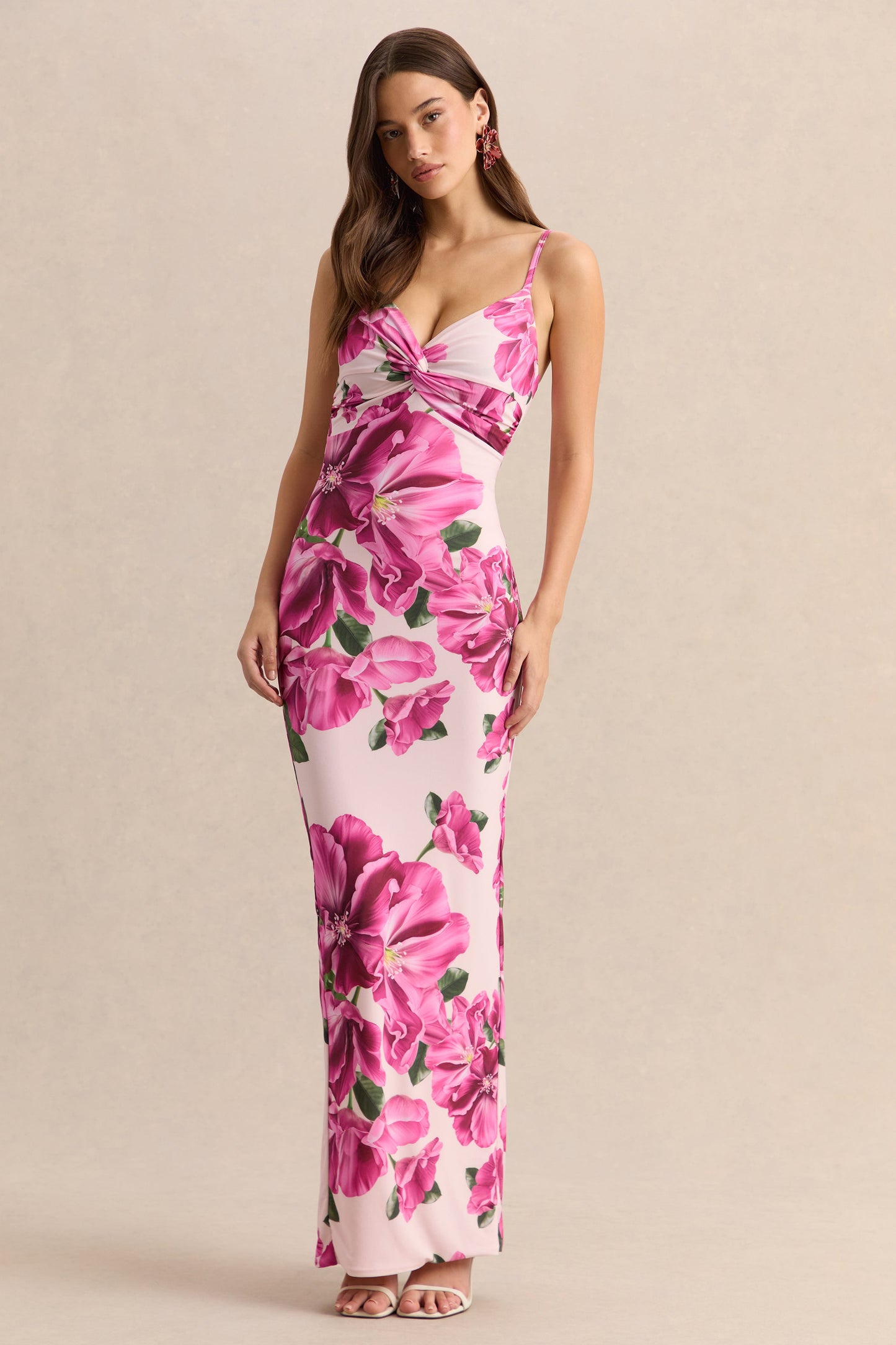Luz | Pink Hibiscus Floral Print Strappy Maxi Dress