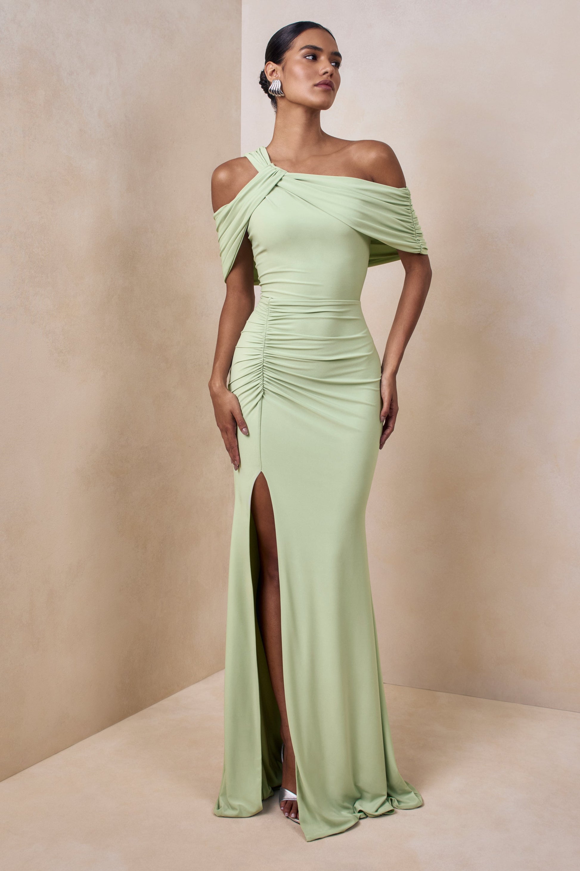 Nala | Mint Asymmetric-Neck Maxi Dress With Gathered Detailing