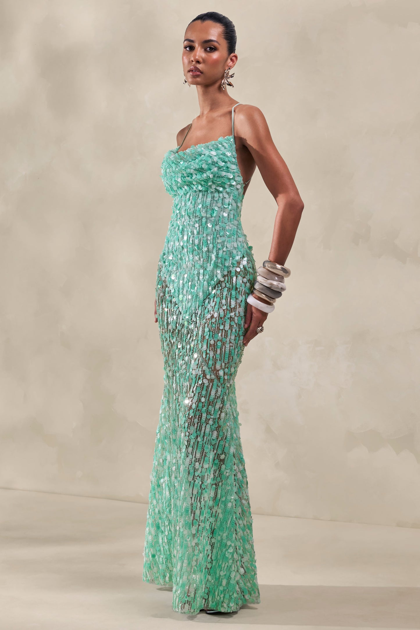 Taryn | Turquoise Sequin Cowl-Neck Maxi Dress With Sheer Skirt