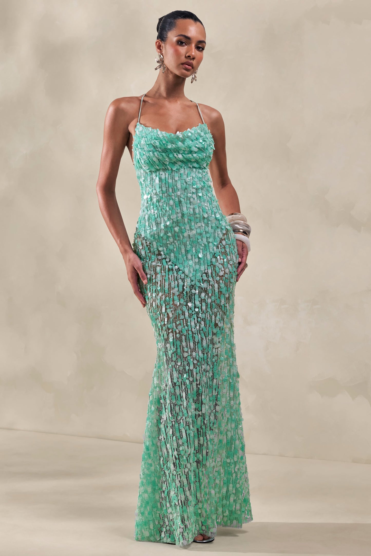 Taryn | Turquoise Sequin Cowl-Neck Maxi Dress With Sheer Skirt