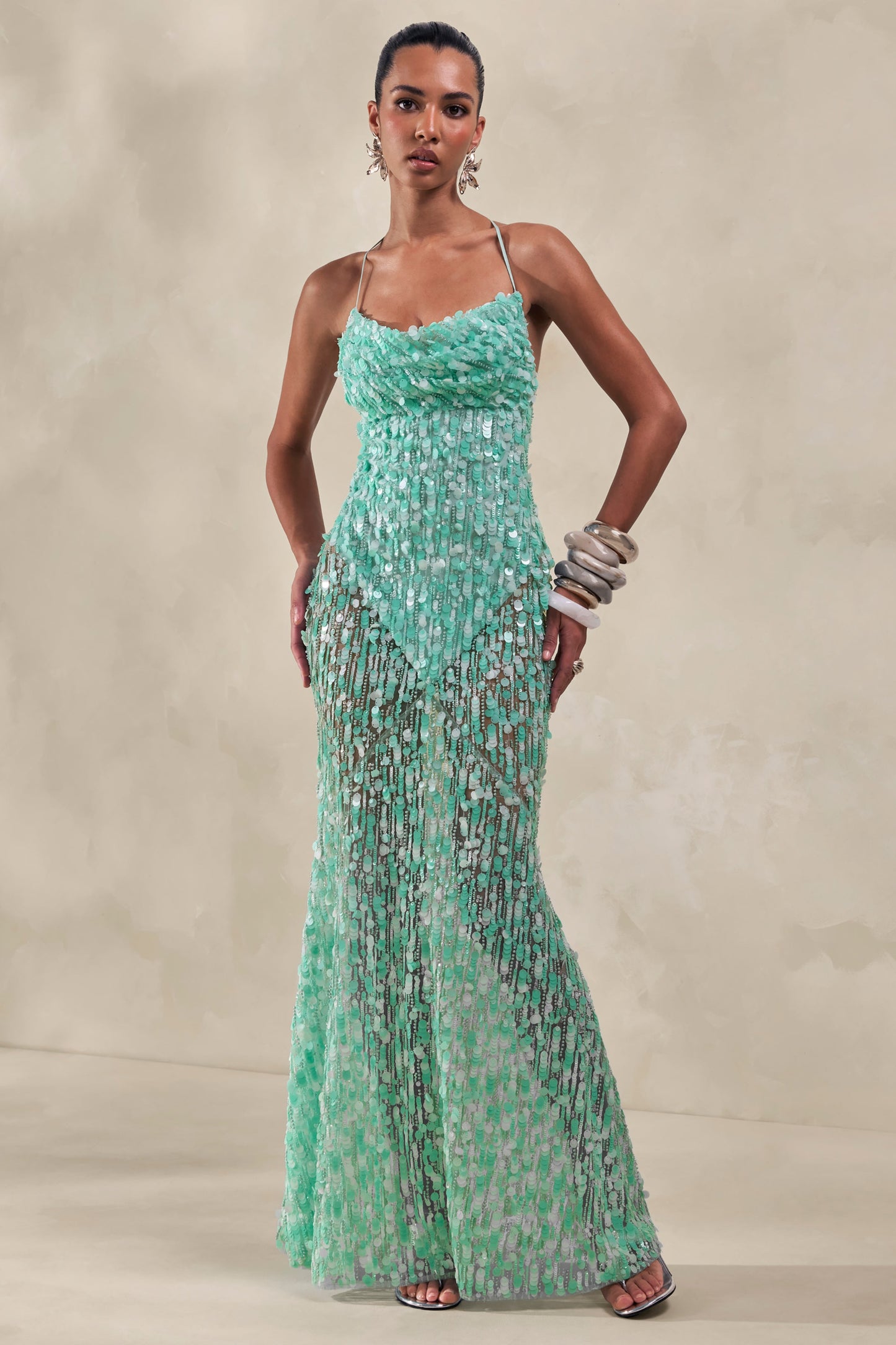 Taryn | Turquoise Sequin Cowl-Neck Maxi Dress With Sheer Skirt