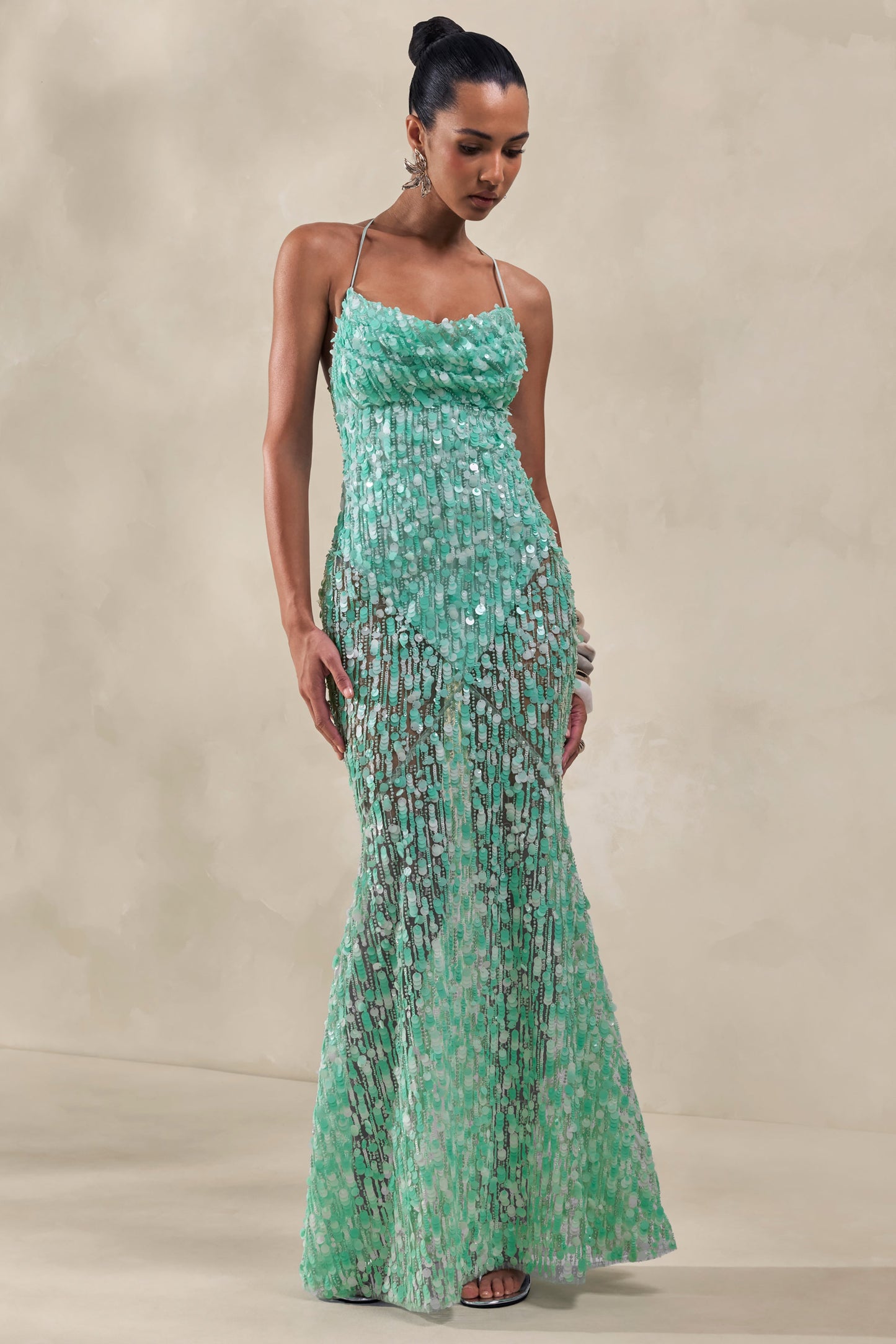 Taryn | Turquoise Sequin Cowl-Neck Maxi Dress With Sheer Skirt