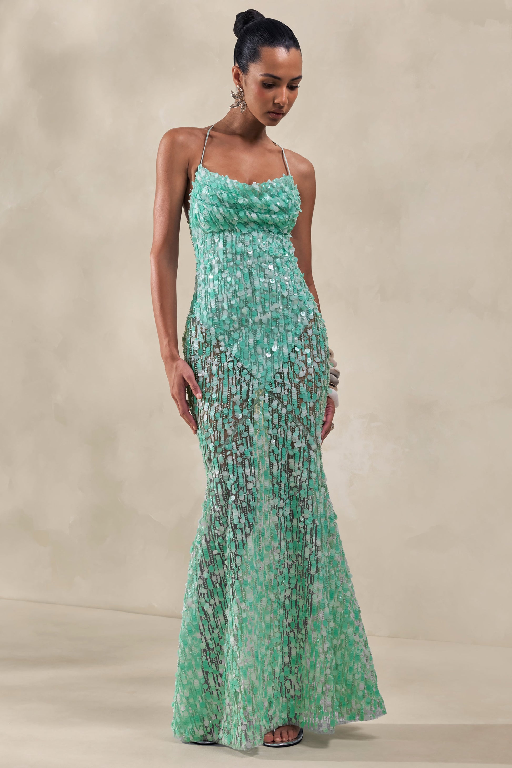 Taryn | Turquoise Sequin Cowl-Neck Maxi Dress With Sheer Skirt