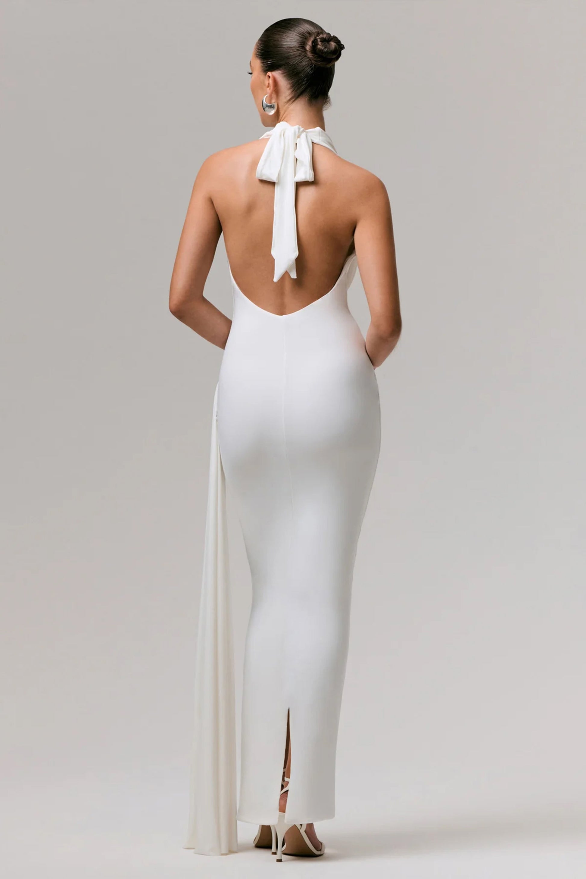 Maude | White Plunge-Neck Ruched Maxi Dress With Sash