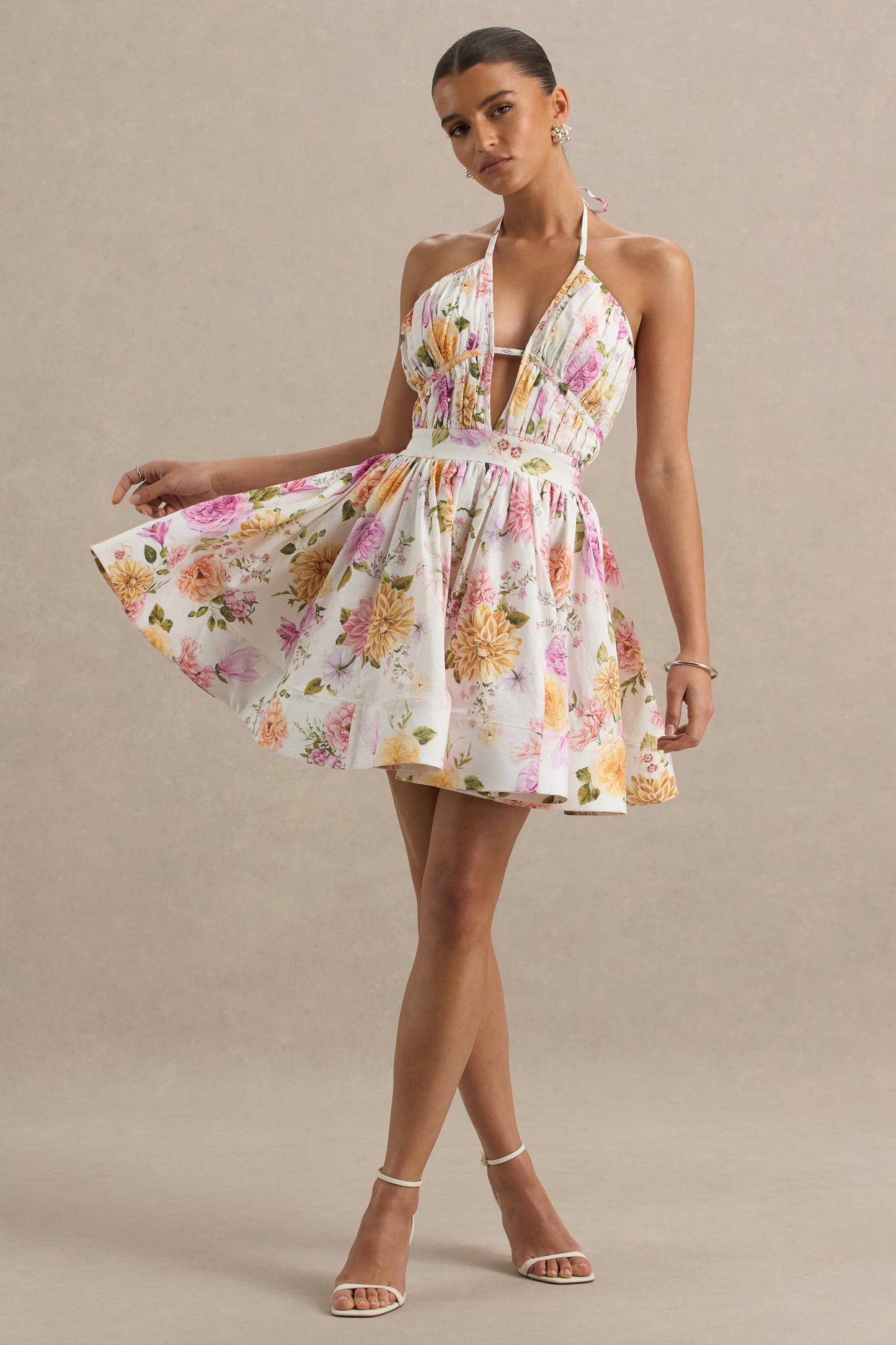 Kasey | Cream Floral Print Halter-Neck Mini Dress With Ruffle Detail