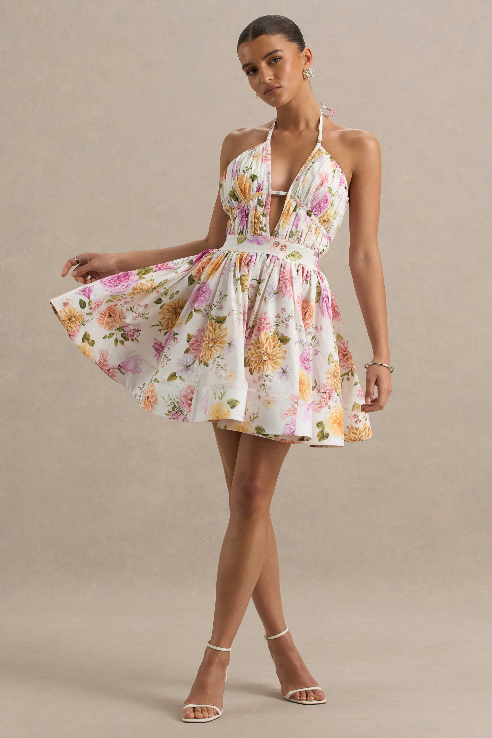 Kasey | Cream Floral Print Halter-Neck Mini Dress With Ruffle Detail