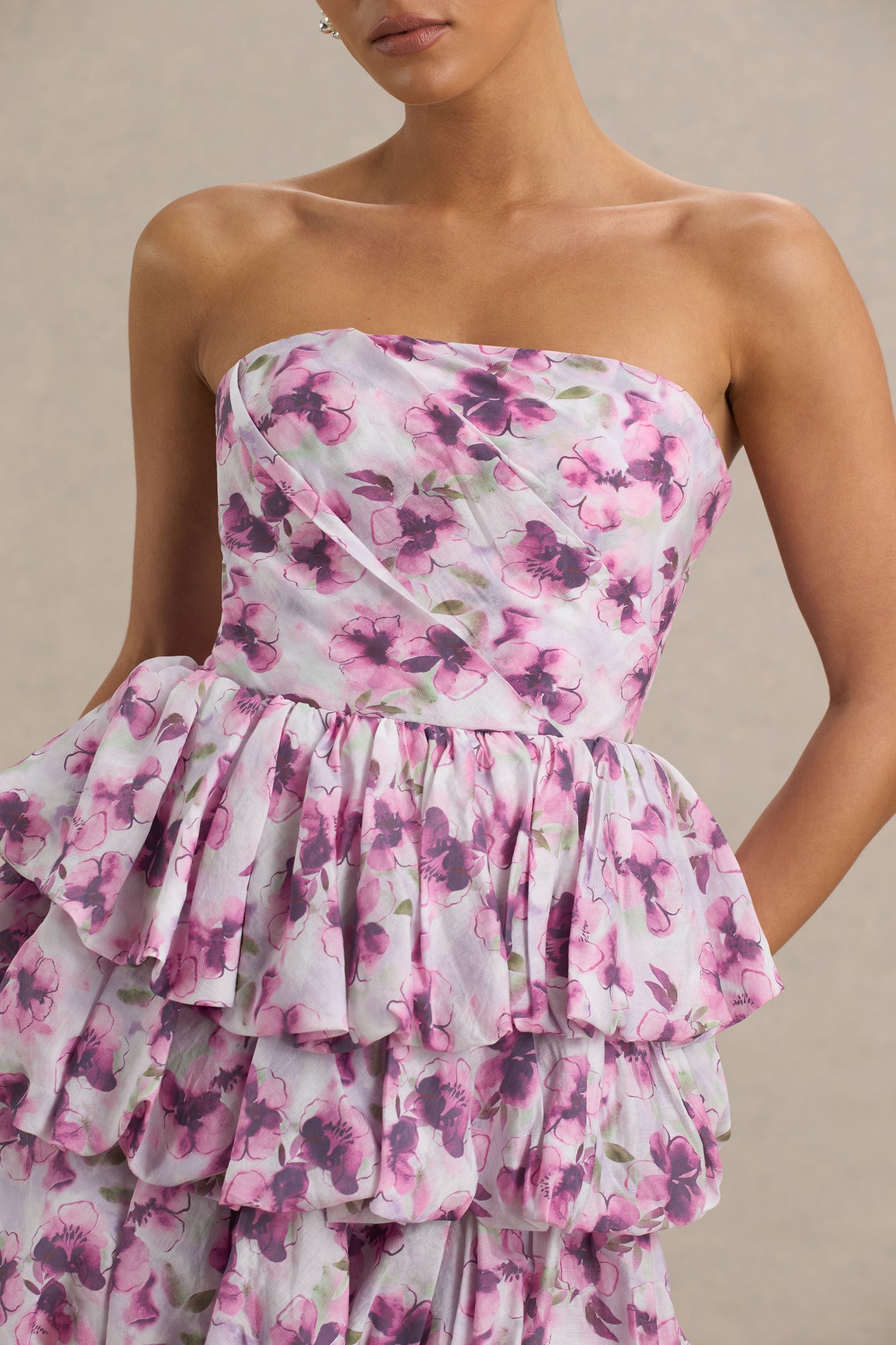 Swirl | Cream Floral Print Bandeau Puffball Mini Dress With Ruffle Detail