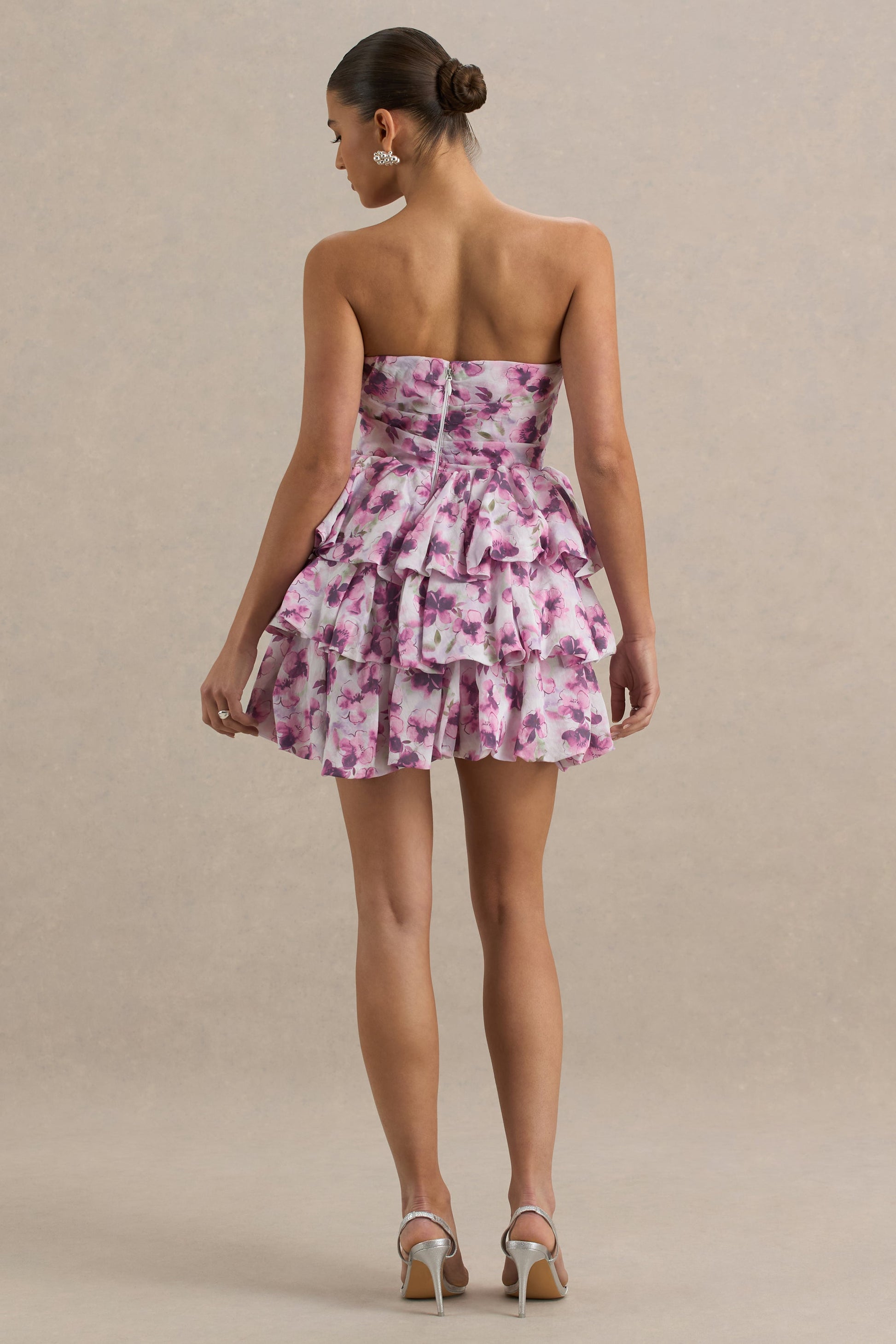 Swirl | Cream Floral Print Bandeau Puffball Mini Dress With Ruffle Detail