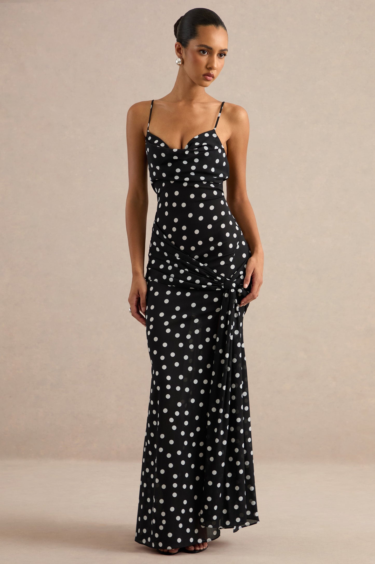 Virtue | Black & White Sheer Polka Dot Cowl-Neck Fishtail Maxi Dress With Split