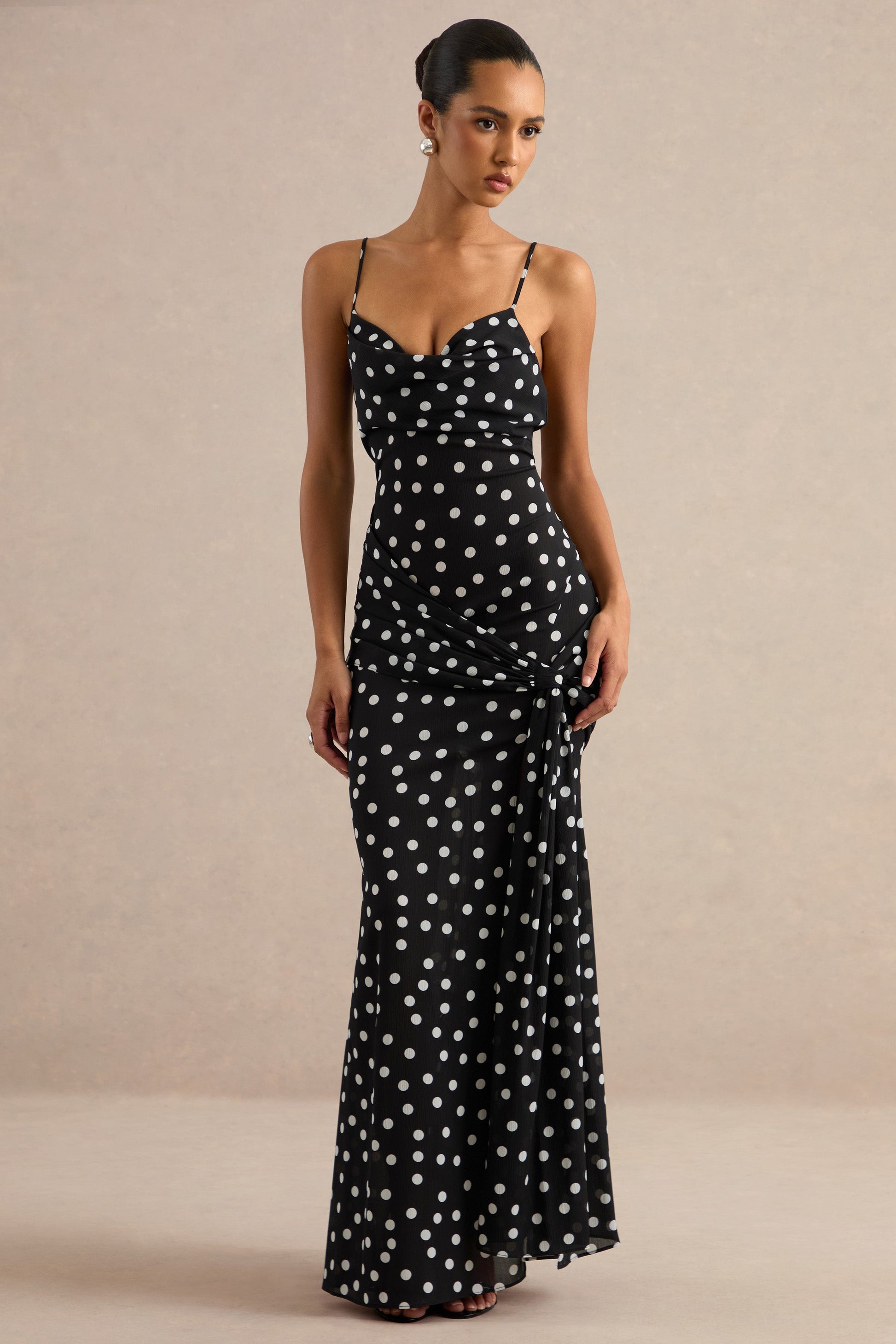 Virtue | Black & White Sheer Polka Dot Cowl-Neck Fishtail Maxi Dress With Split