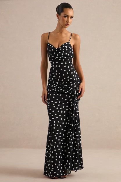 Virtue | Black & White Sheer Polka Dot Cowl-Neck Fishtail Maxi Dress With Split