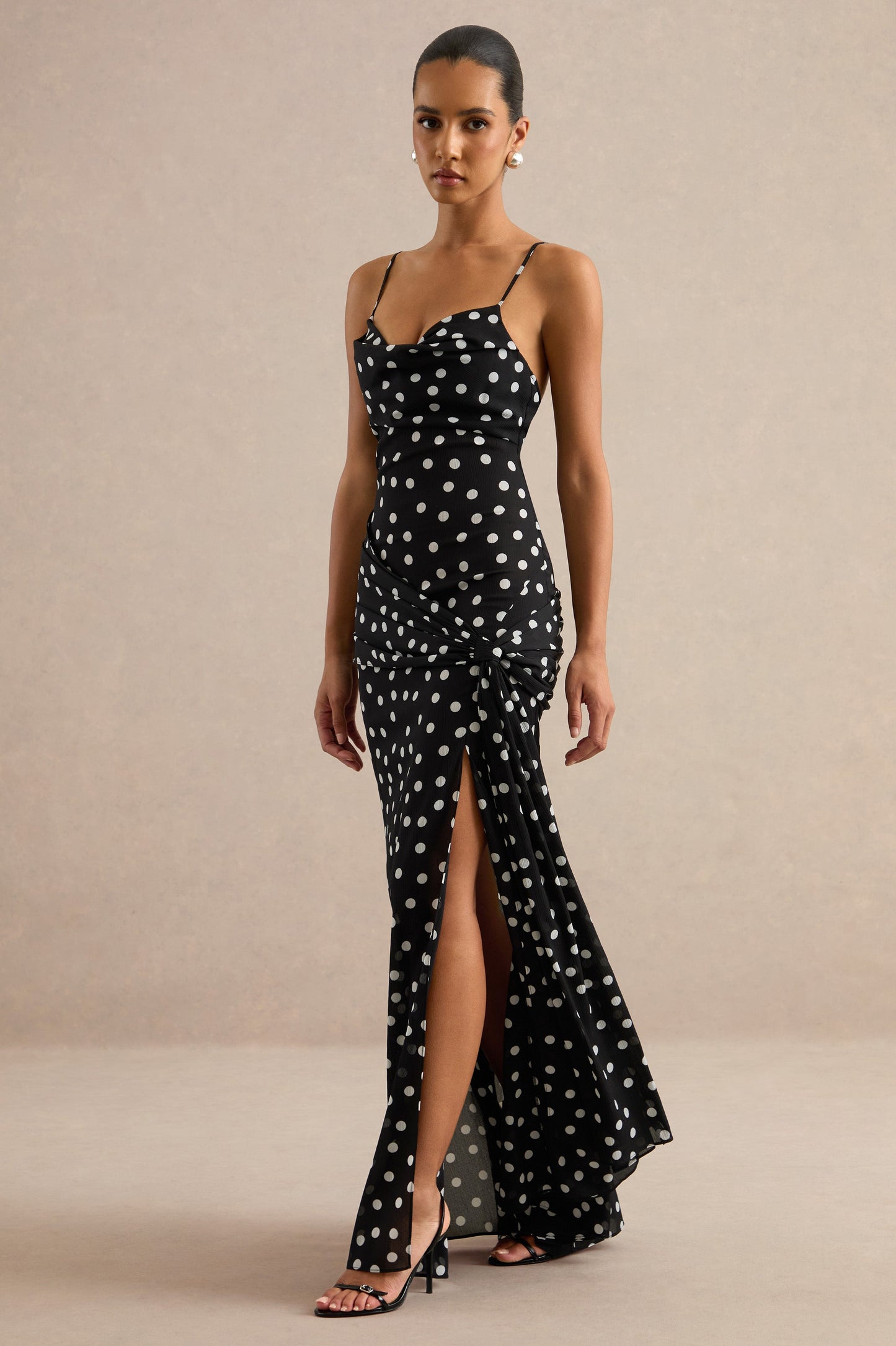 Virtue | Black & White Sheer Polka Dot Cowl-Neck Fishtail Maxi Dress With Split