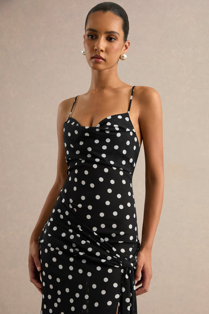 Virtue | Black & White Sheer Polka Dot Cowl-Neck Fishtail Maxi Dress With Split