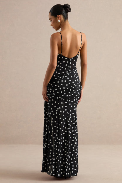 Virtue | Black & White Sheer Polka Dot Cowl-Neck Fishtail Maxi Dress With Split