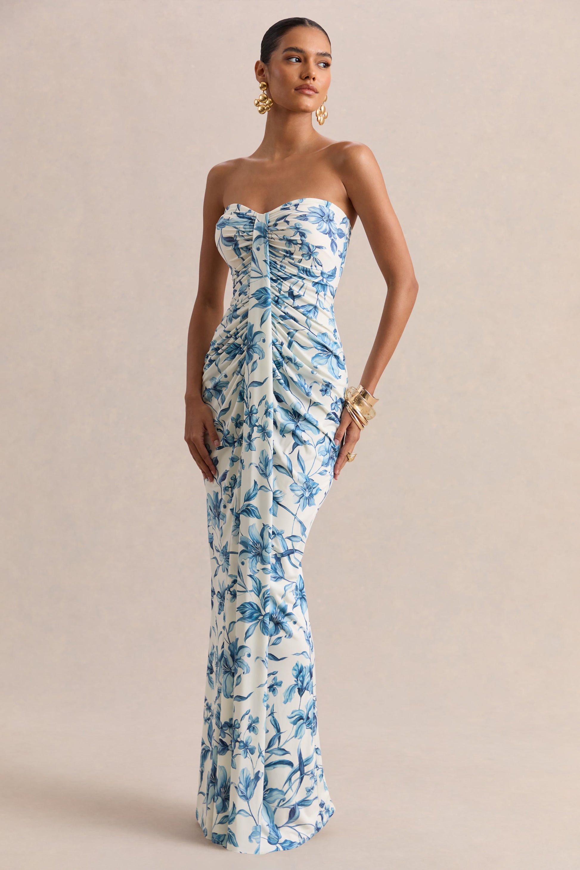 Ali | Blue Porcelain Print Sweetheart Ruched Wrap Maxi Dress