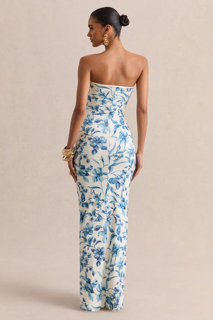 Ali | Blue Porcelain Print Sweetheart Ruched Wrap Maxi Dress