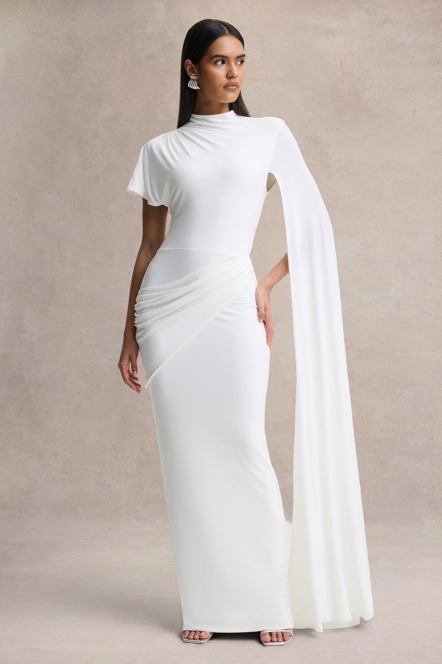 Tropic | White High-Neck Maxi With Long Cape Sleeve