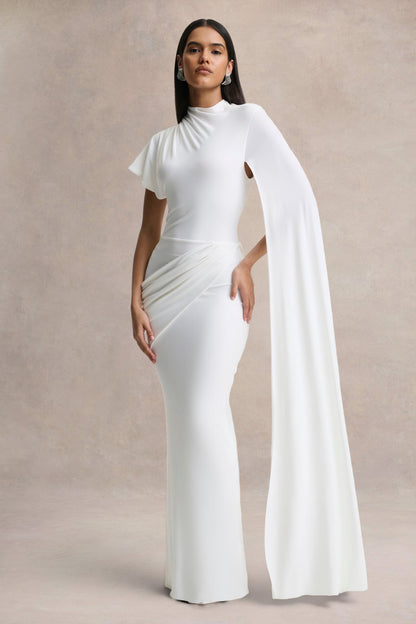 Tropic | White High-Neck Maxi With Long Cape Sleeve