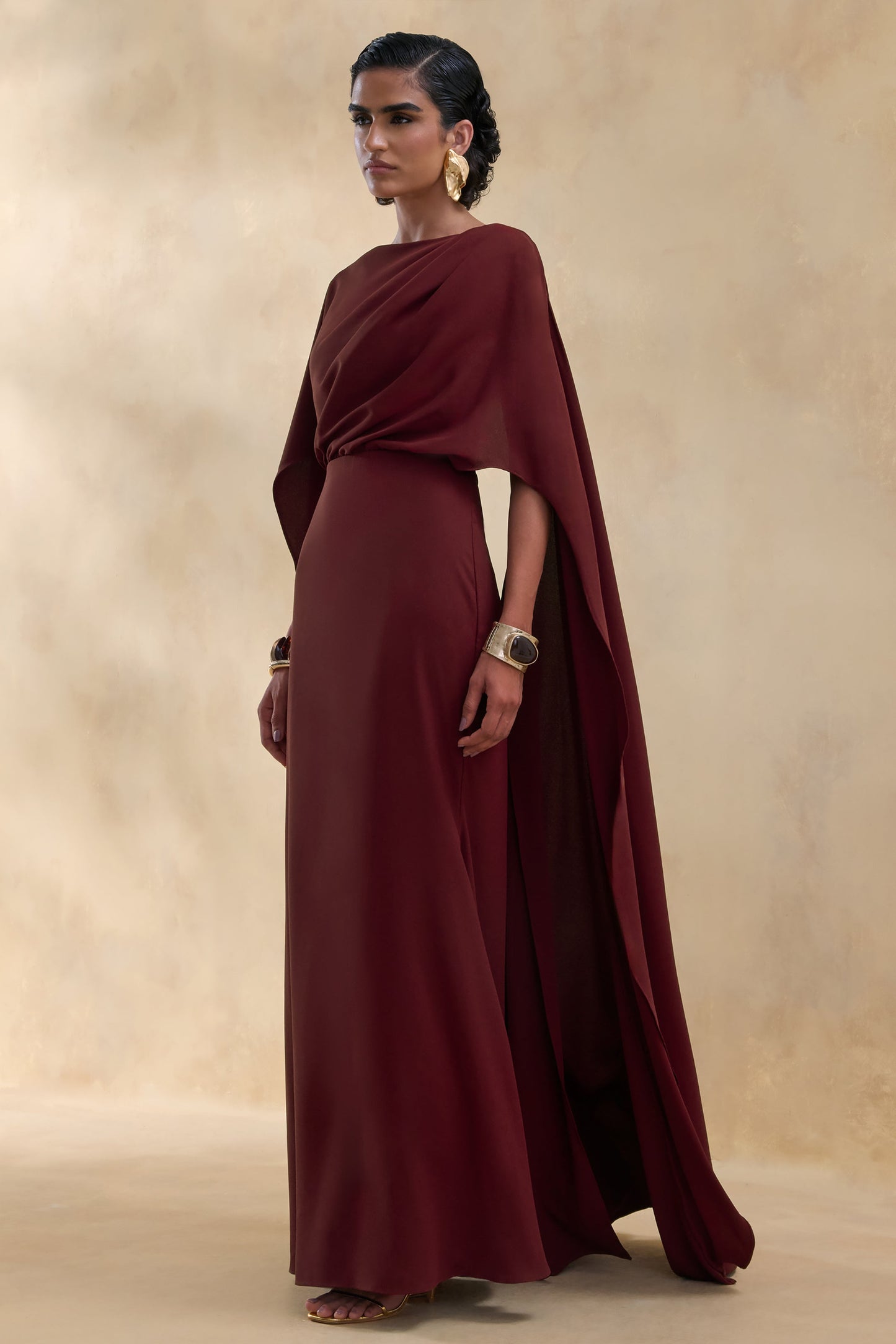 Pristina | Burgundy Boat-Neck Woven Maxi Dress With Cape Detail