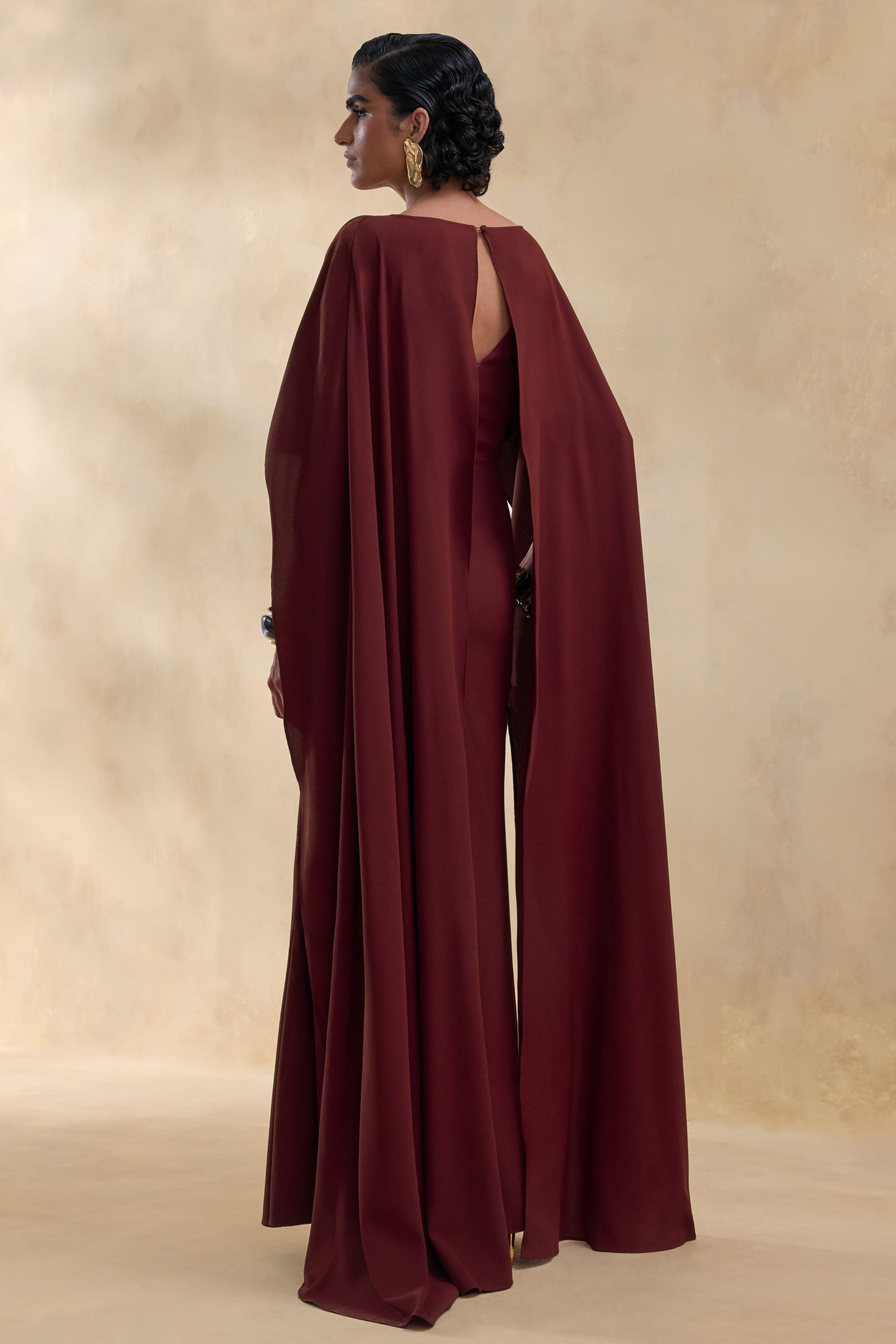 Pristina | Burgundy Boat-Neck Woven Maxi Dress With Cape Detail