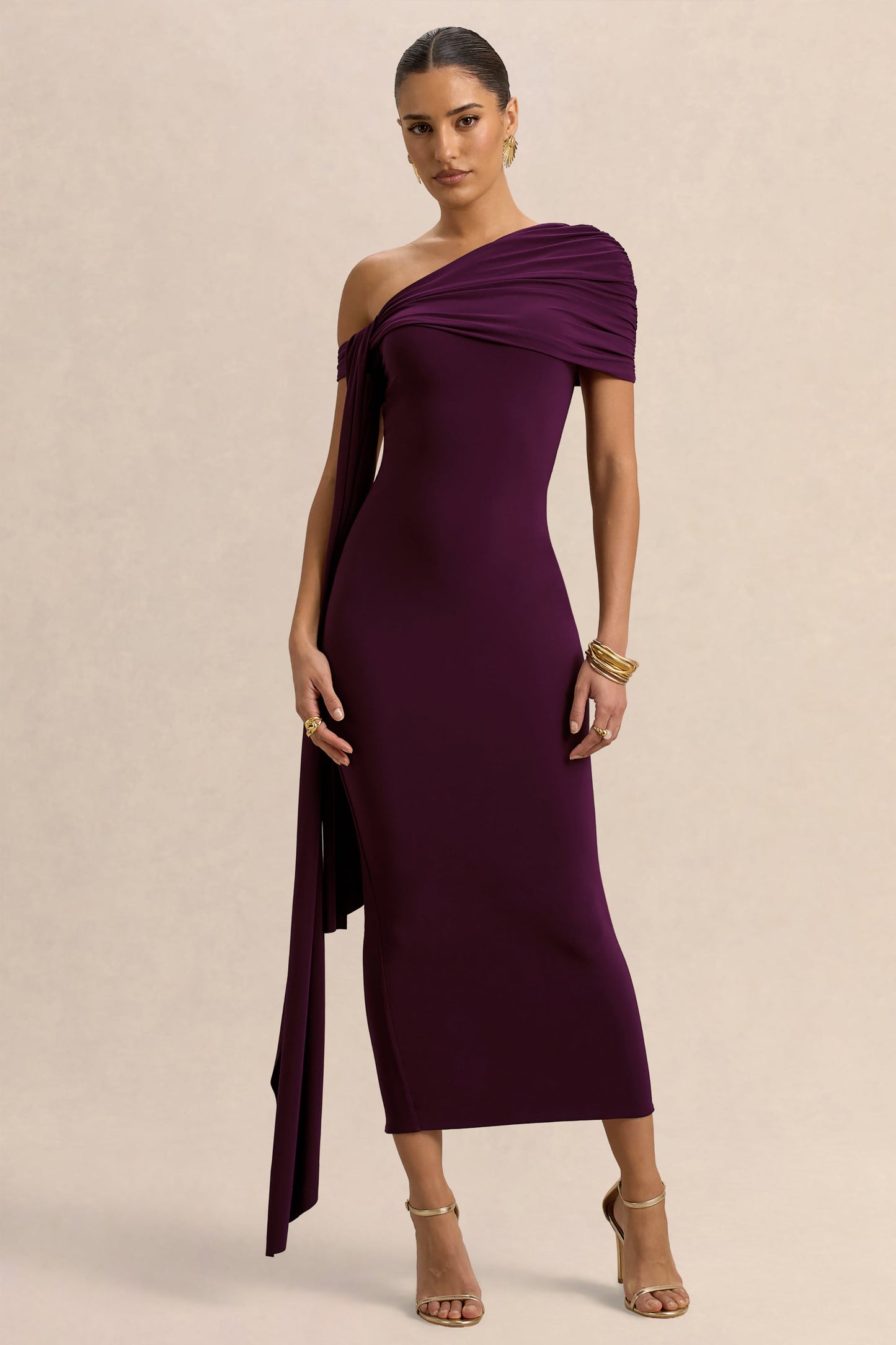 Praia | Plum Asymmetric-Neck Midi Dress With Sash and Draped Detailing