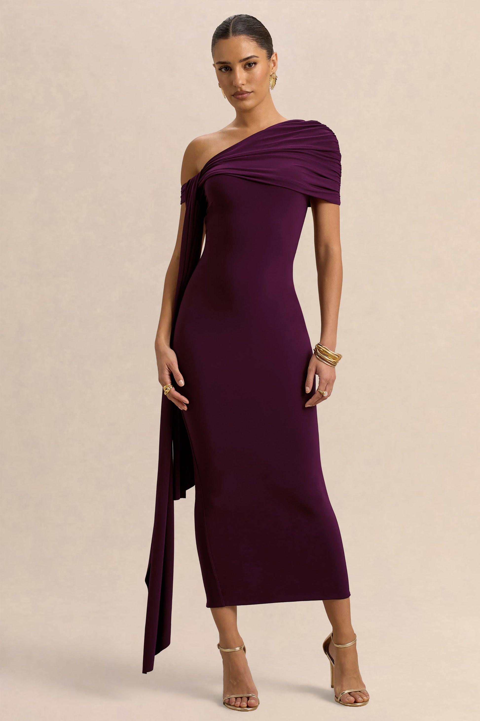 Praia | Plum Asymmetric-Neck Midi Dress With Sash and Draped Detailing