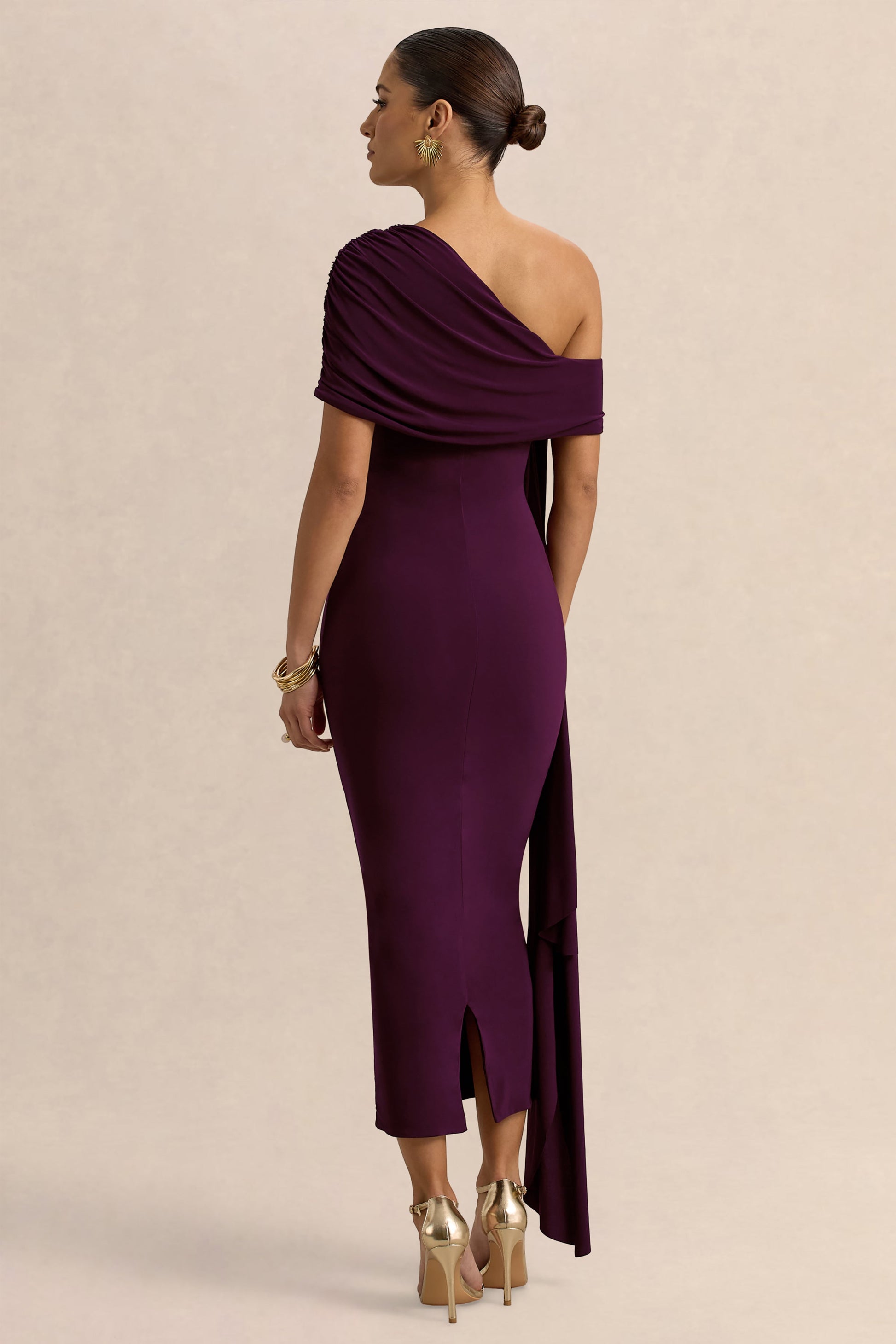 Praia | Plum Asymmetric-Neck Midi Dress With Sash and Draped Detailing