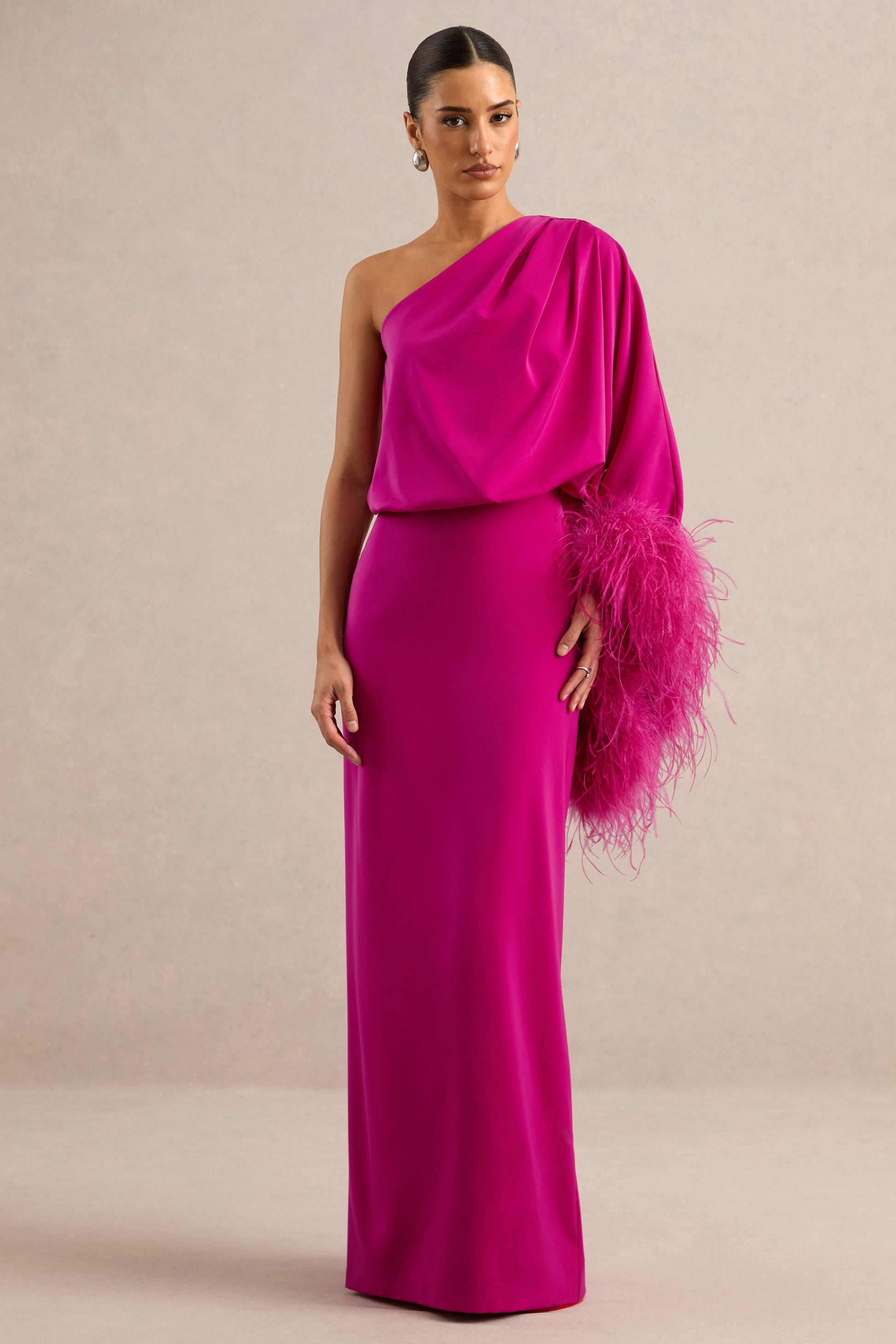 Felicity | Hot Pink Satin Asymmetric-Neck Maxi Dress With Feather Detailing