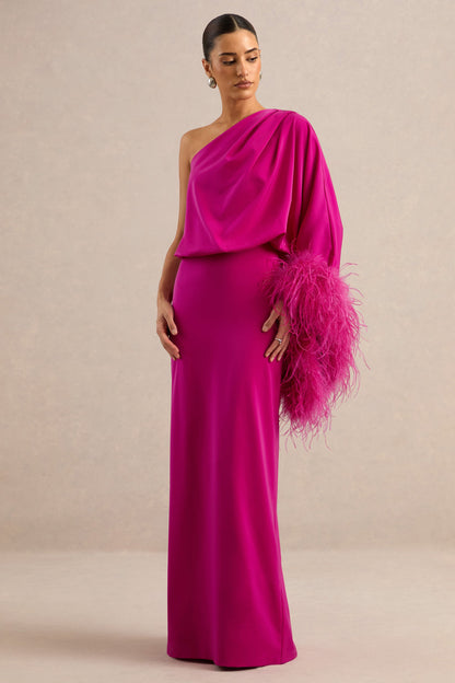 Felicity | Hot Pink Satin Asymmetric-Neck Maxi Dress With Feather Detailing