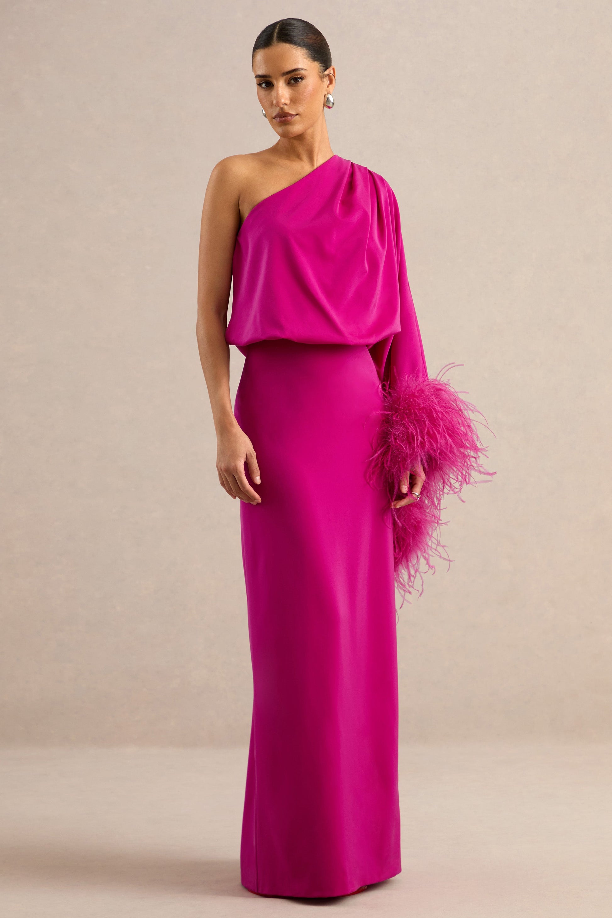 Felicity | Hot Pink Satin Asymmetric-Neck Maxi Dress With Feather Detailing