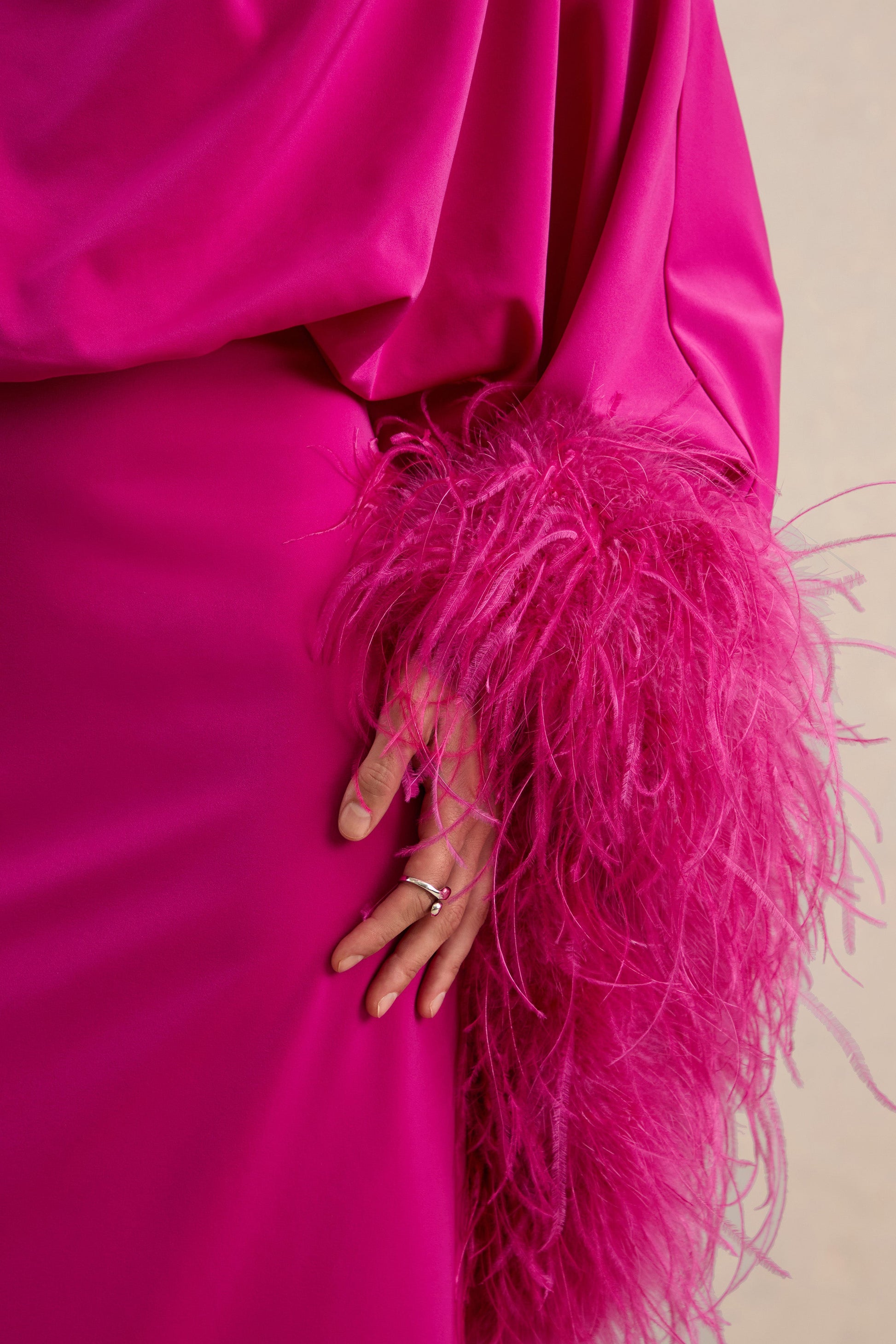 Felicity | Hot Pink Satin Asymmetric-Neck Maxi Dress With Feather Detailing