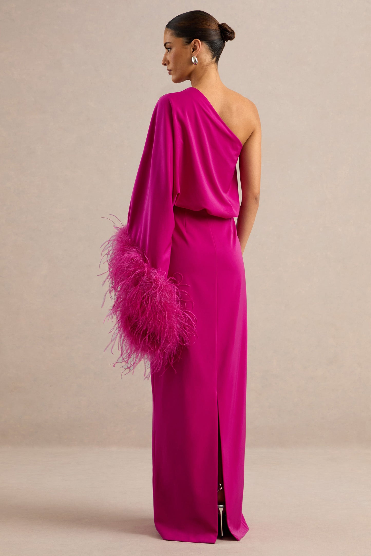 Felicity | Hot Pink Satin Asymmetric-Neck Maxi Dress With Feather Detailing