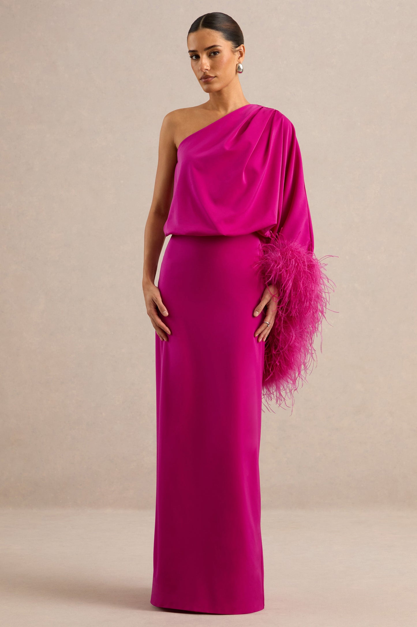 Felicity | Hot Pink Satin Asymmetric-Neck Maxi Dress With Feather Detailing