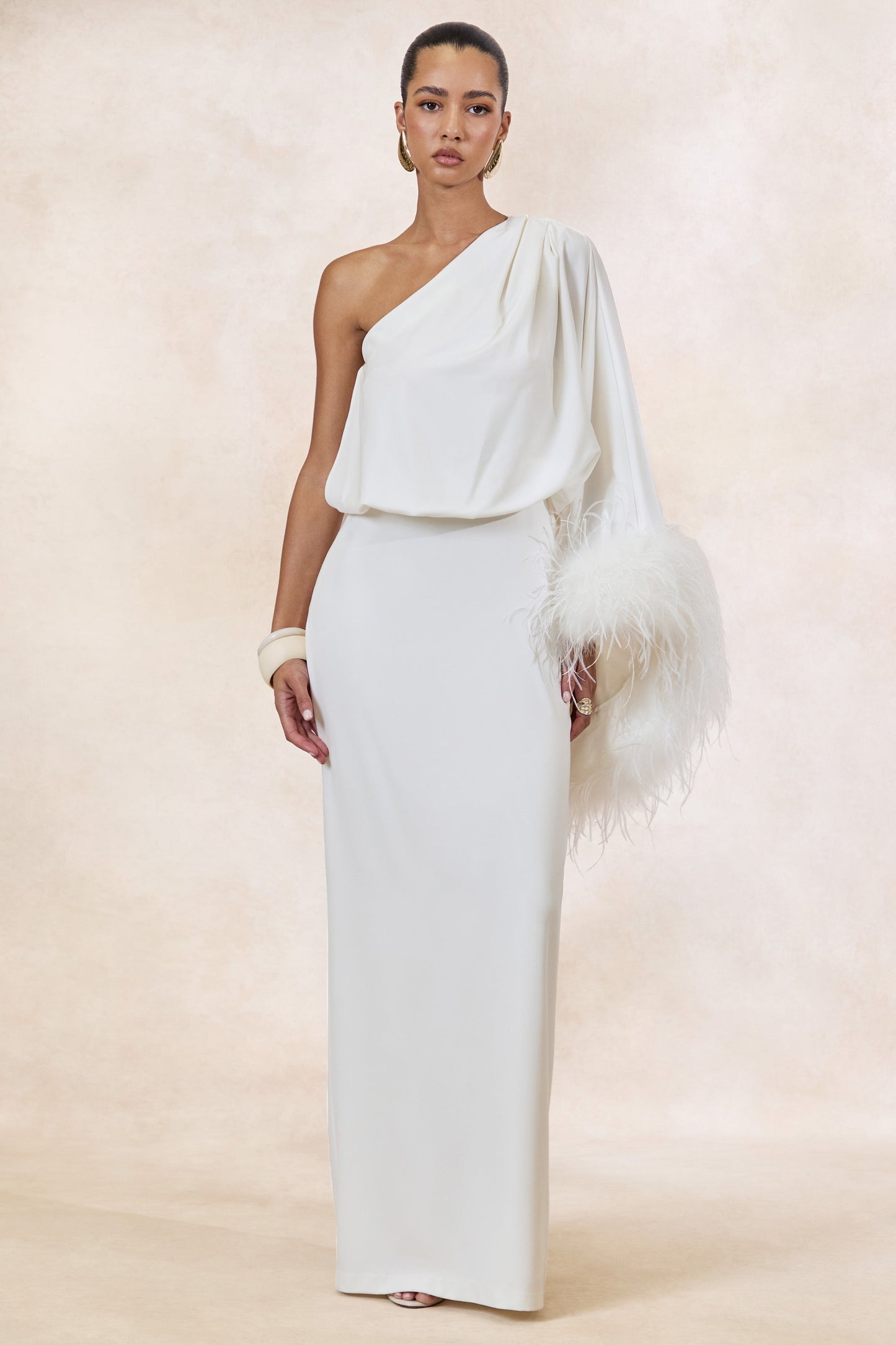 Felicity | White Satin Asymmetric-Neck Maxi Dress With Feather Detailing