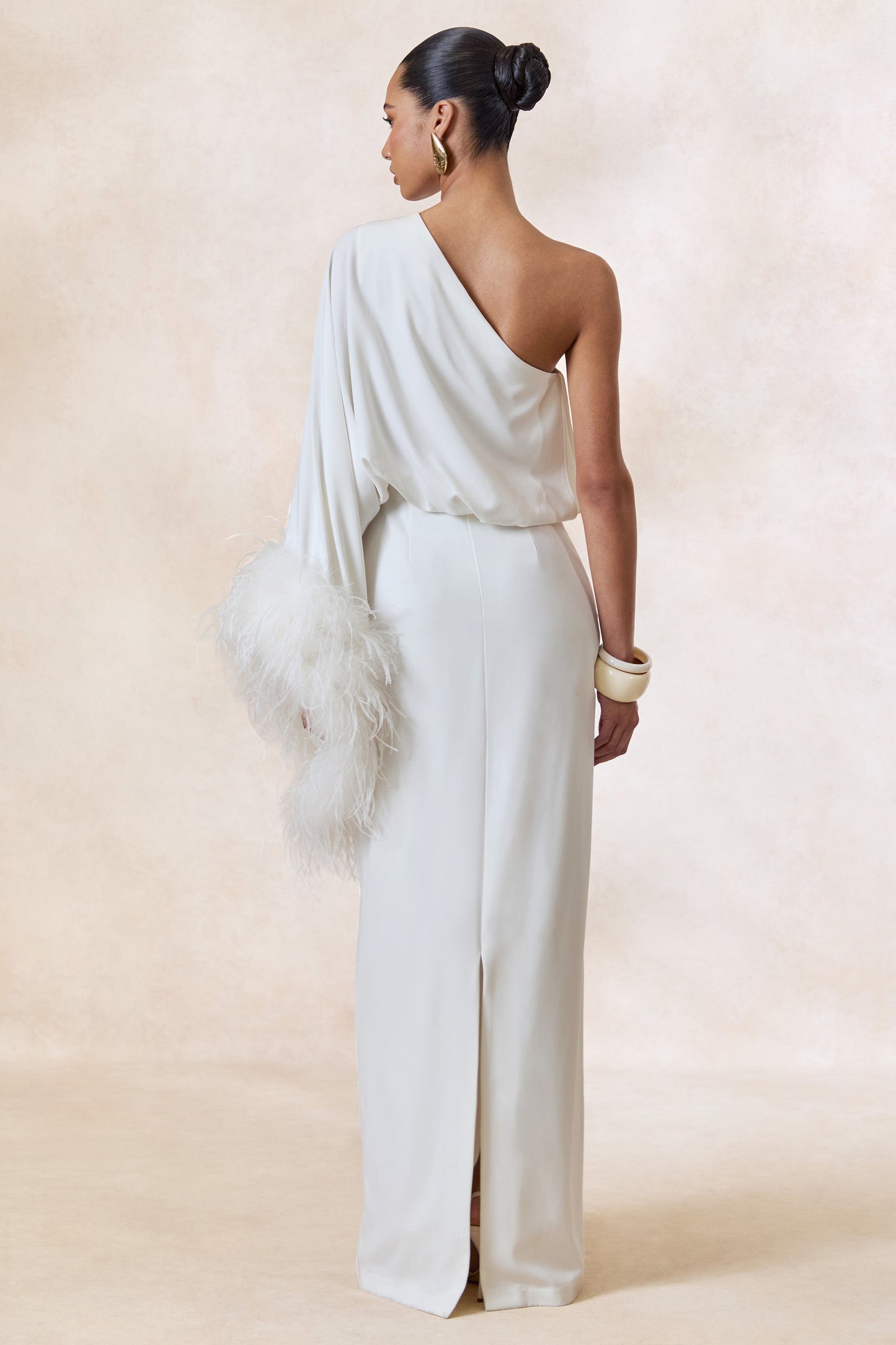 Felicity | White Satin Asymmetric-Neck Maxi Dress With Feather Detailing