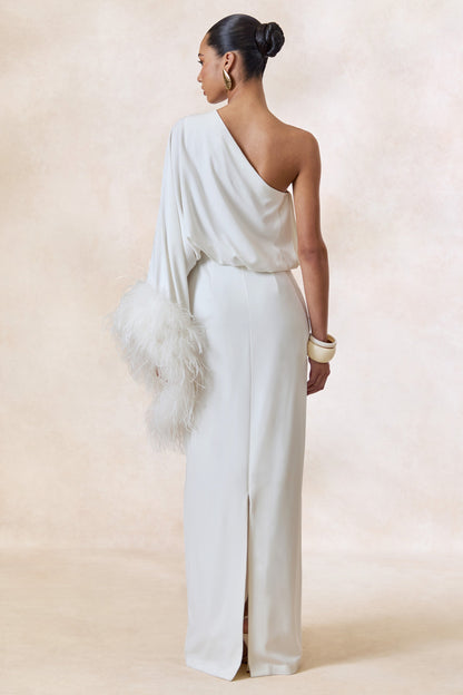 Felicity | White Satin Asymmetric-Neck Maxi Dress With Feather Detailing