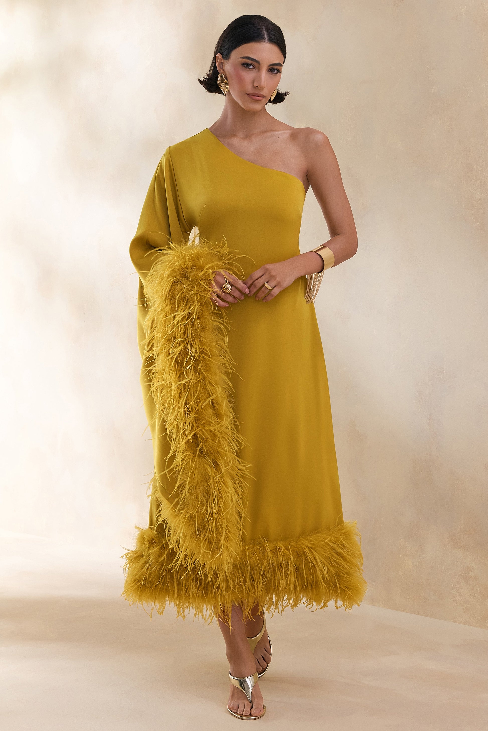 Destiny | Yellow Satin Asymmetric-Neck Midi Dress With Feather Details