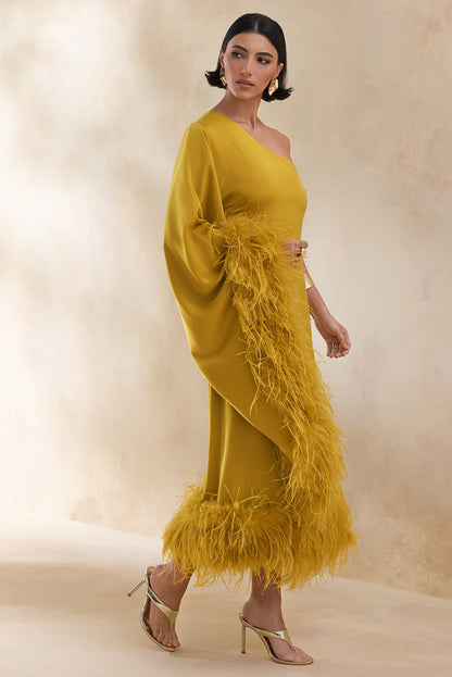 Destiny | Yellow Satin Asymmetric-Neck Midi Dress With Feather Details