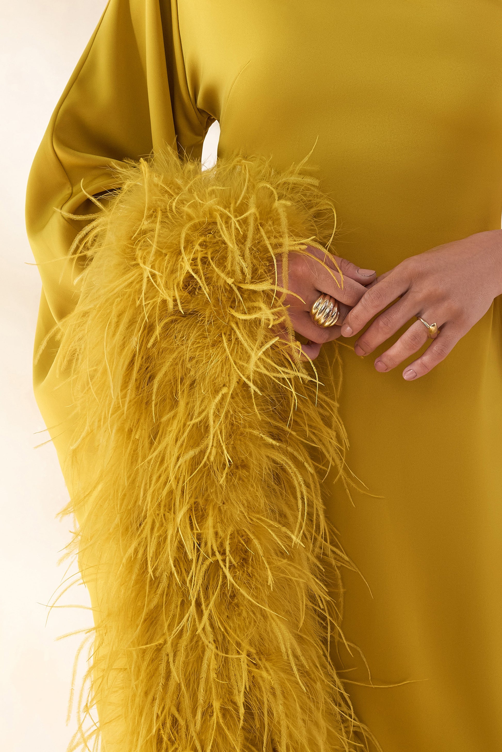 Destiny | Yellow Satin Asymmetric-Neck Midi Dress With Feather Details