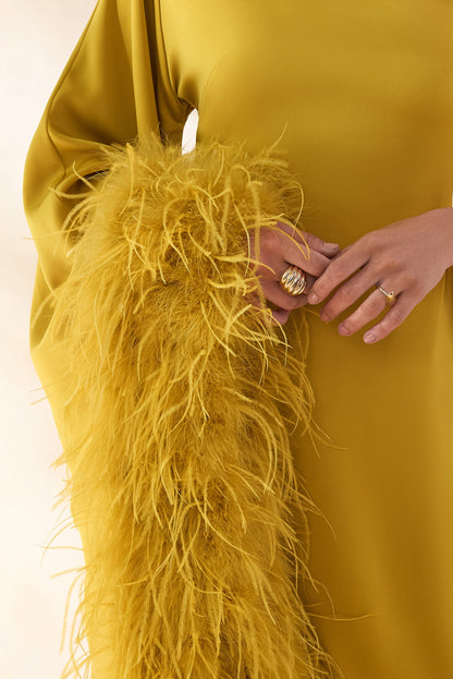 Destiny | Yellow Satin Asymmetric-Neck Midi Dress With Feather Details
