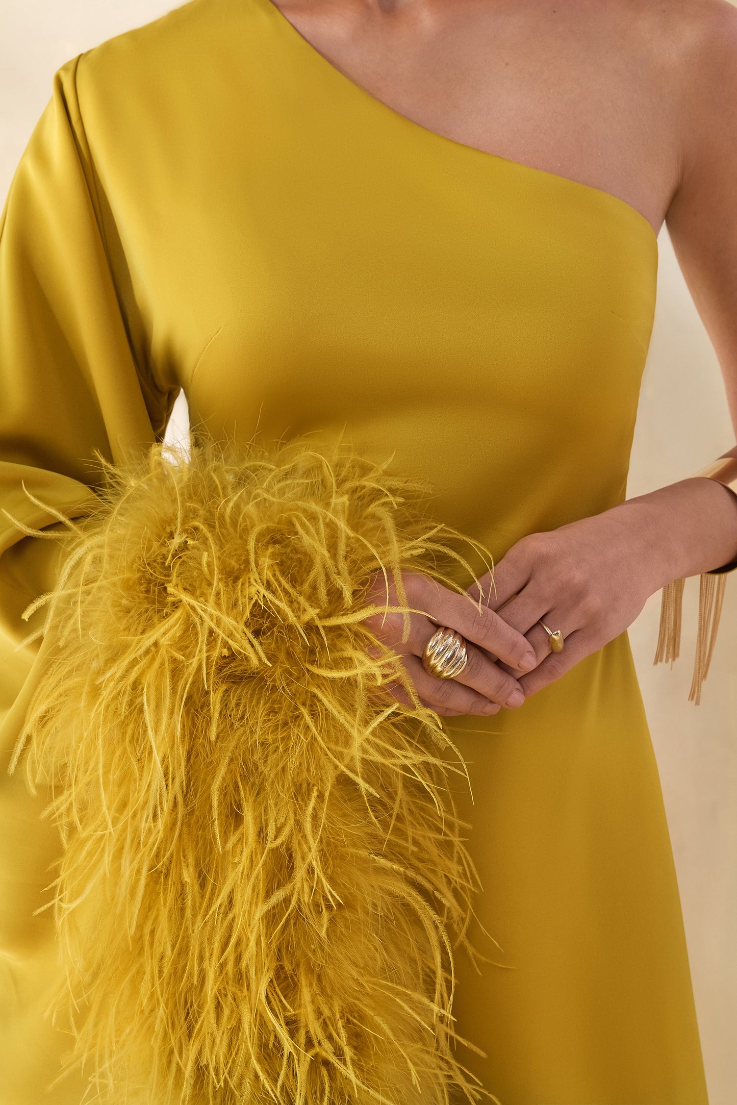 Destiny | Yellow Satin Asymmetric-Neck Midi Dress With Feather Details