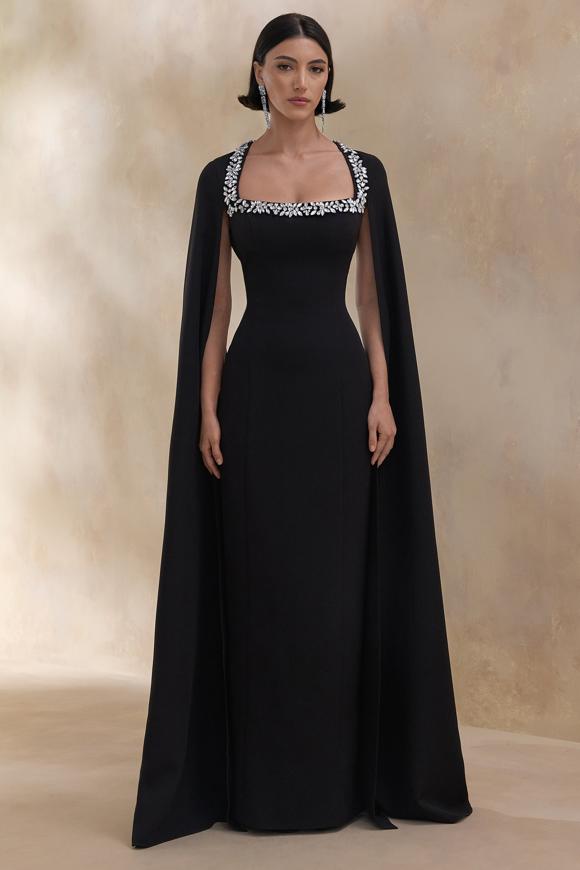 Glossy | Black Woven Square-Neck Maxi Dress With Cape Sleeves and Hand-Embellished Detail