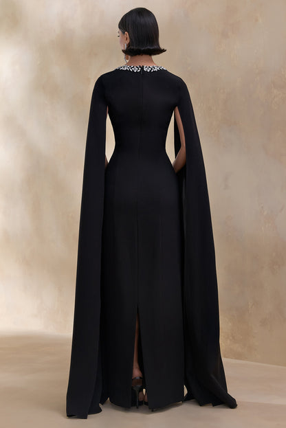 Glossy | Black Woven Square-Neck Maxi Dress With Cape Sleeves and Hand-Embellished Detail