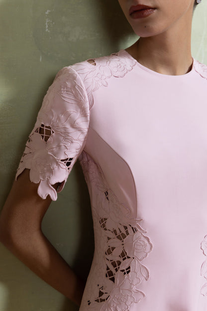 So Sweet | Pink Crew-Neck Midi Dress With Cut-Out Embroidered Detailing